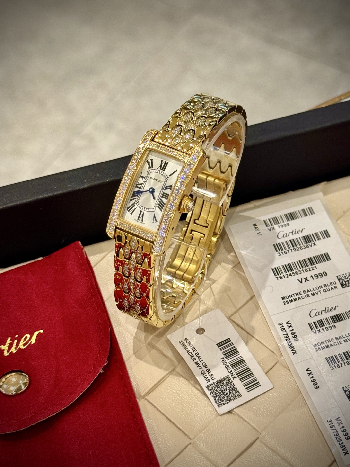 Cartier Wrist Quartz Watch Fisheye Glass Golden Color Stainless Steel Watch Band Full Diamond Netby