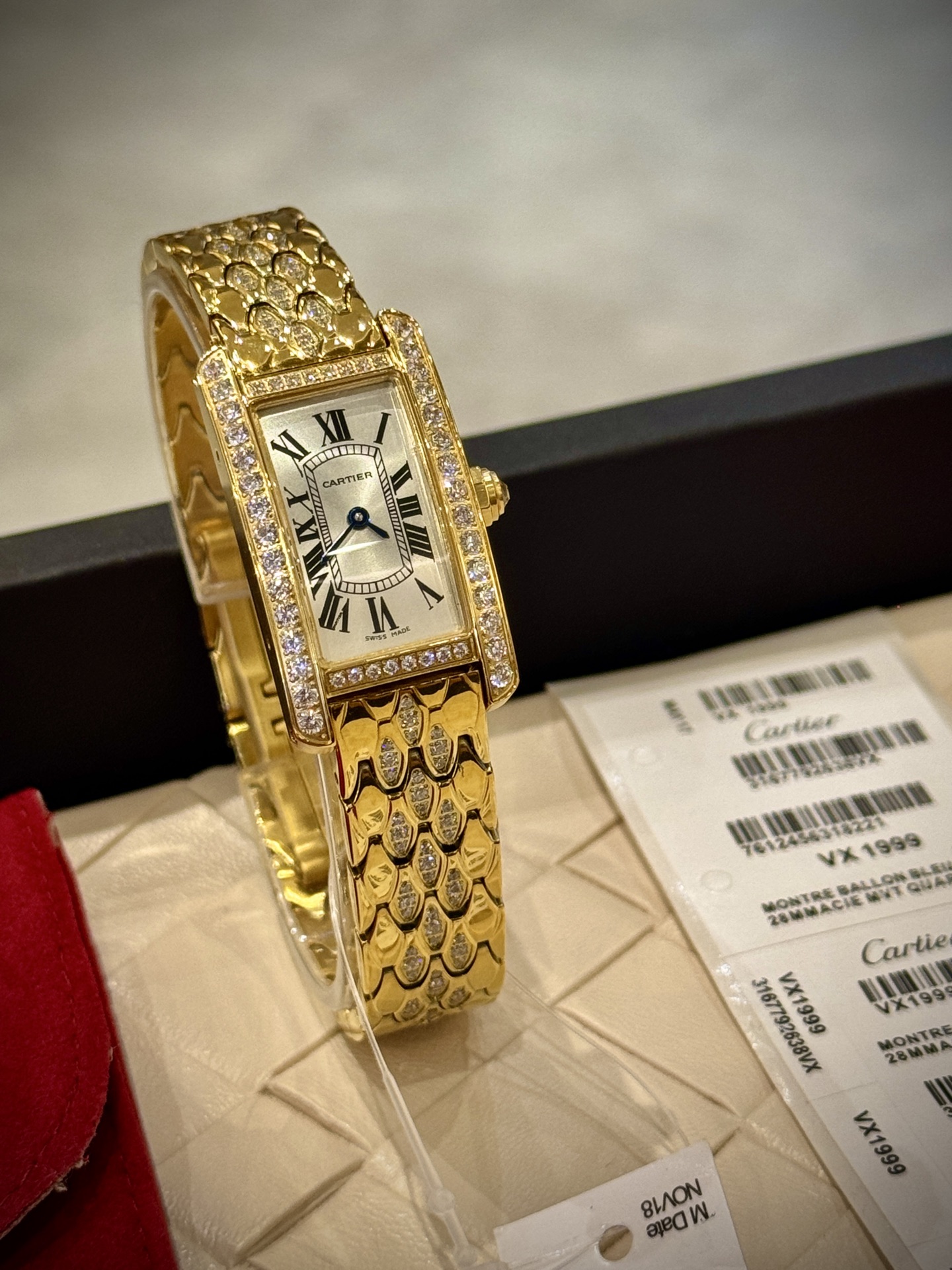 Cartier Wrist Quartz Watch Fisheye Glass Golden Color Stainless Steel Watch Band Full Diamond Netby