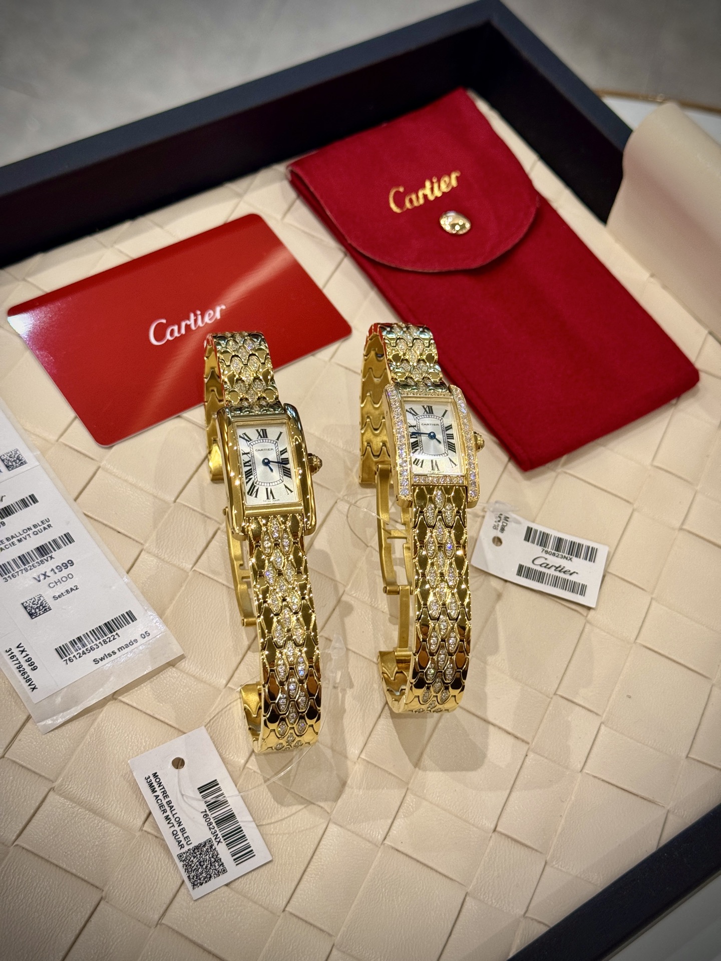 Cartier Wrist Quartz Watch Fisheye Glass Golden Color Stainless Steel Watch Band Full Diamond Netby