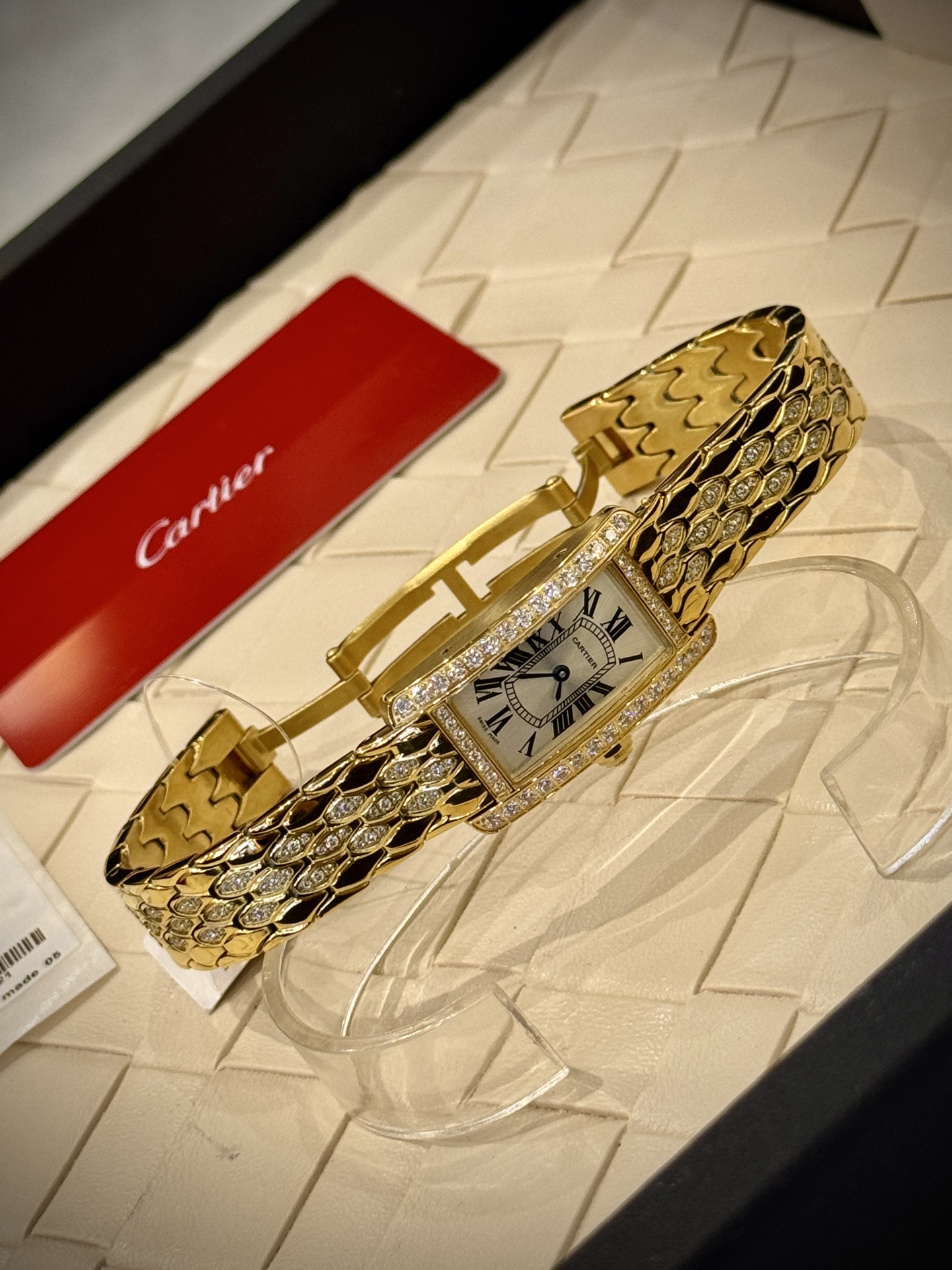 Cartier Wrist Quartz Watch Fisheye Glass Golden Color Stainless Steel Watch Band Full Diamond Netby