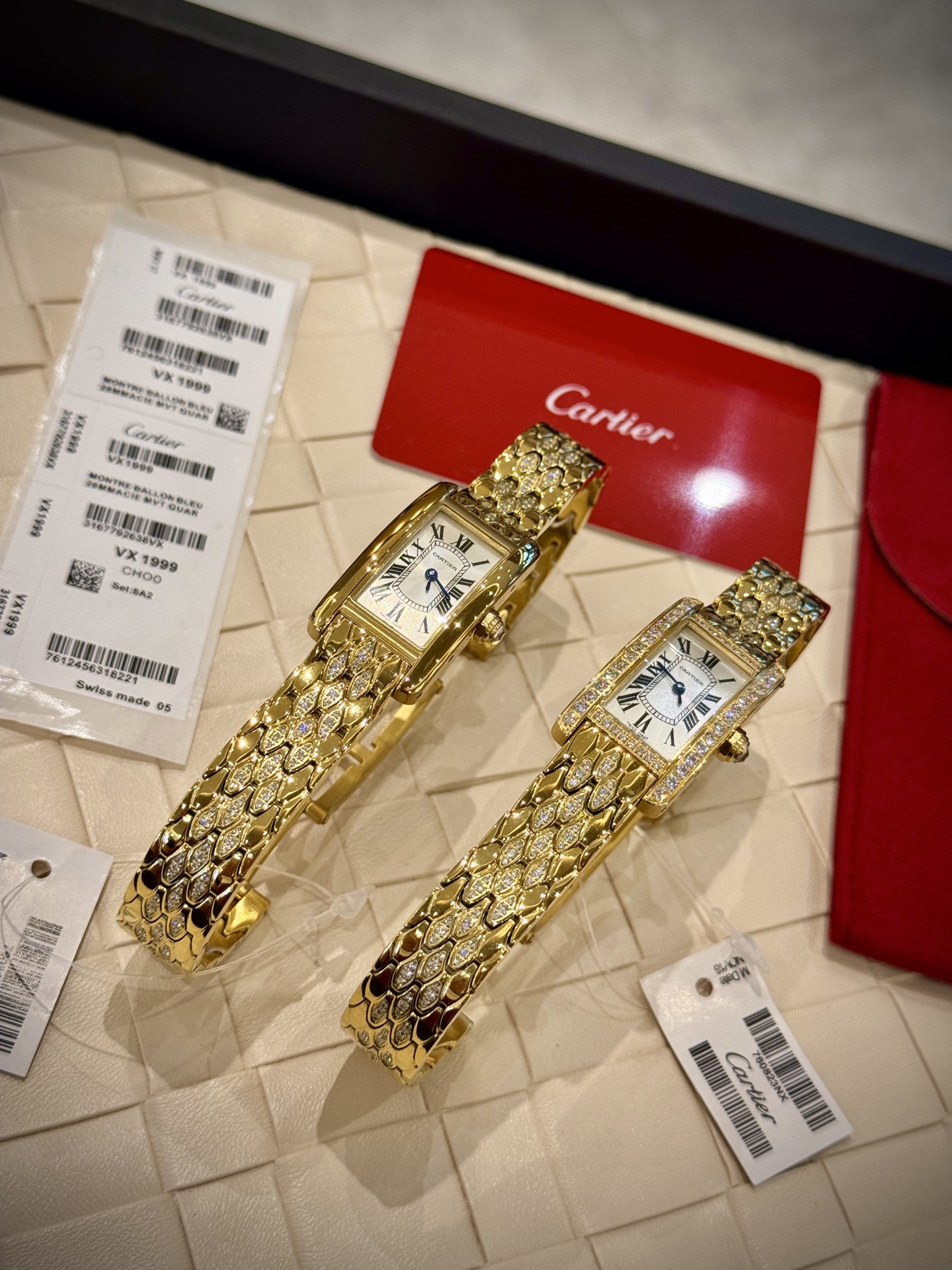 Cartier Wrist Quartz Watch Fisheye Glass Golden Color Stainless Steel Watch Band Full Diamond Netby