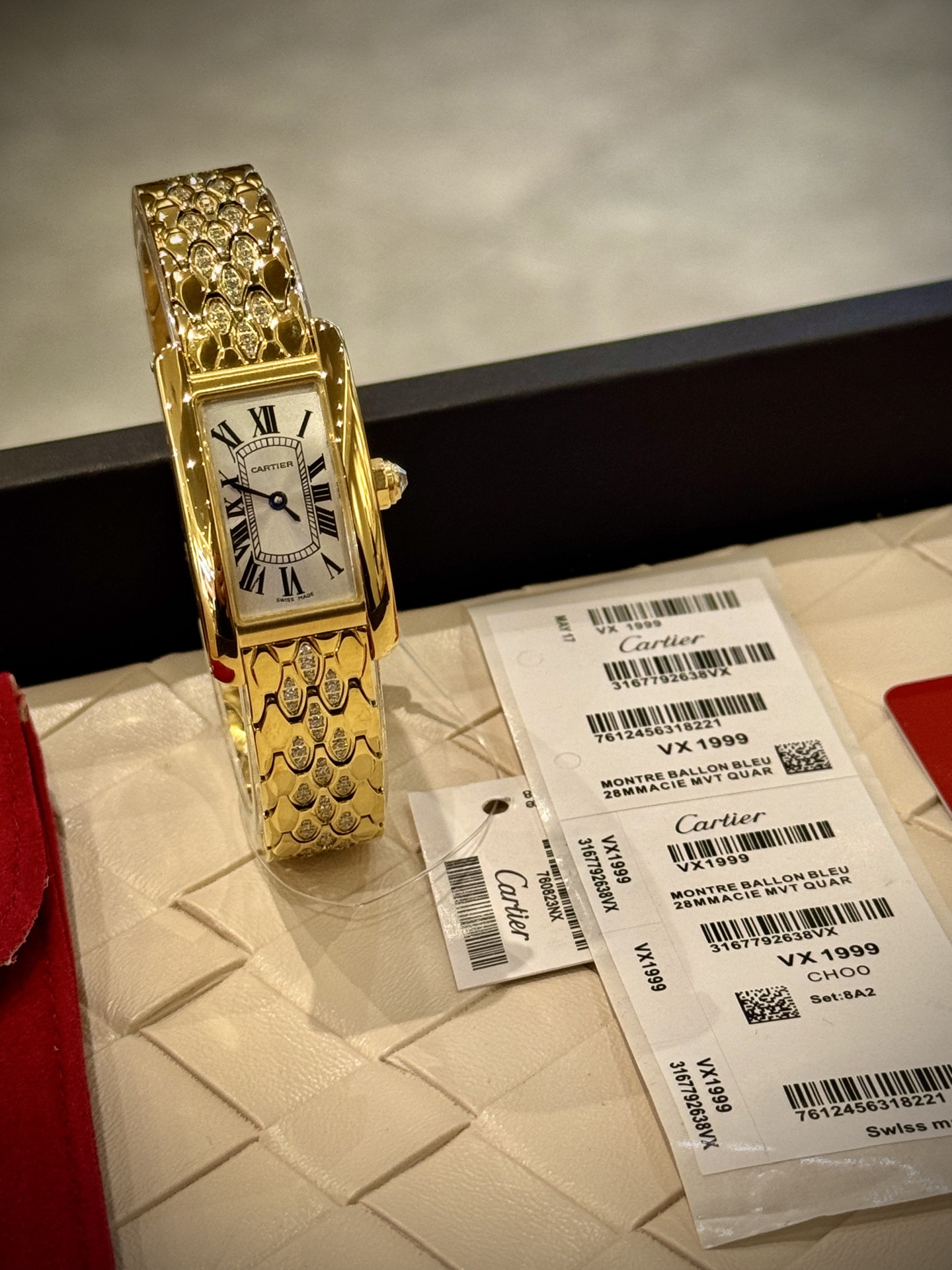 Cartier Wrist Quartz Watch Fisheye Glass Golden Color Stainless Steel Watch Band Full Diamond Netby