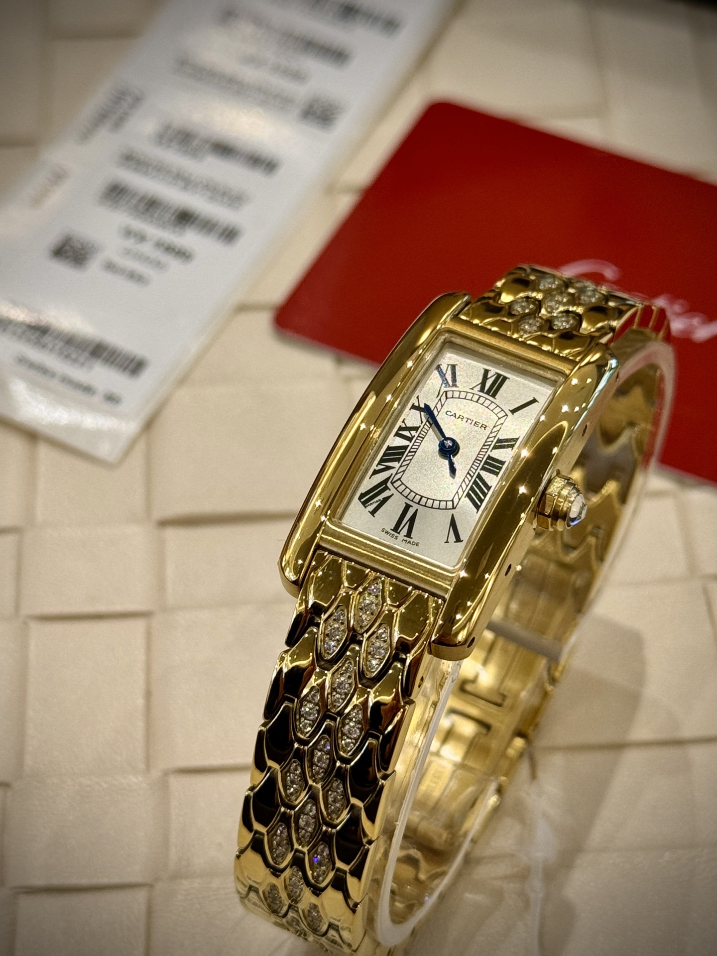 Cartier Wrist Quartz Watch Fisheye Glass Golden Color Stainless Steel Watch Band Full Diamond Netby