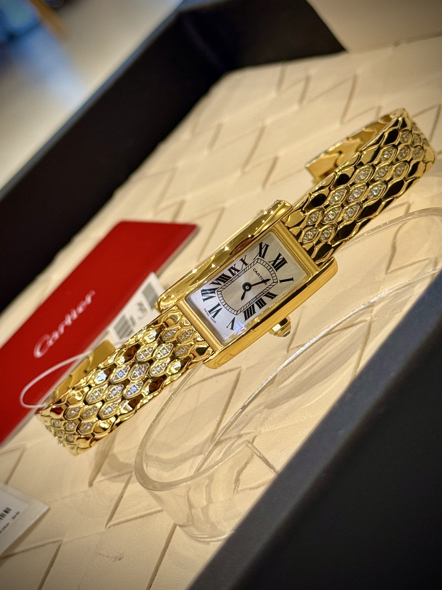 Cartier Wrist Quartz Watch Fisheye Glass Golden Color Stainless Steel Watch Band Full Diamond Netby