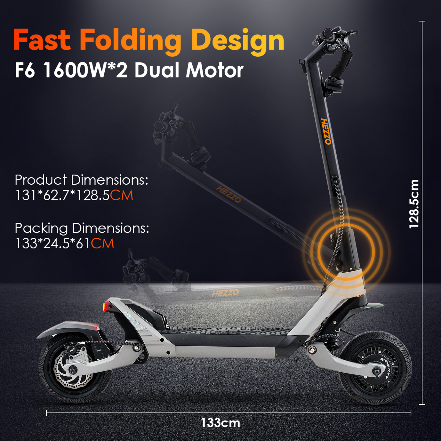 Hezzo F6 Electric Scooter 60V 3200W Dual Motors 23Ah Lithium Battery 43Mph Forged Aluminium Alloy Foldable -HEZZO