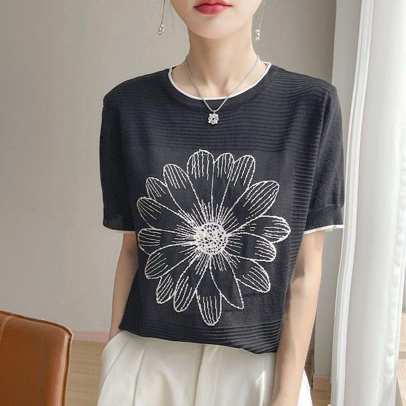 C703. BLACK FLOWER SHORT SLEEVES TOP