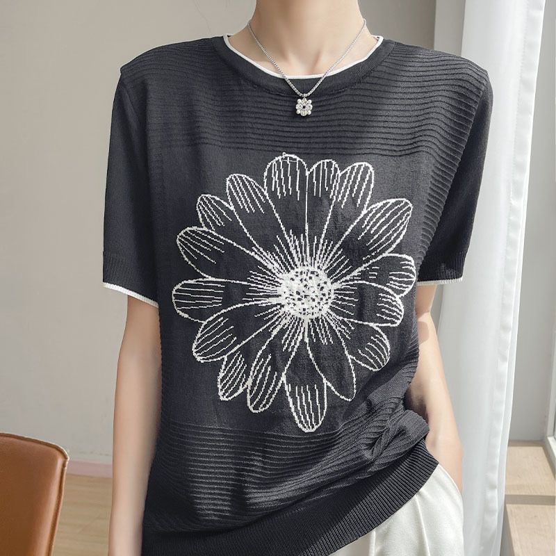 C703. BLACK FLOWER SHORT SLEEVES TOP
