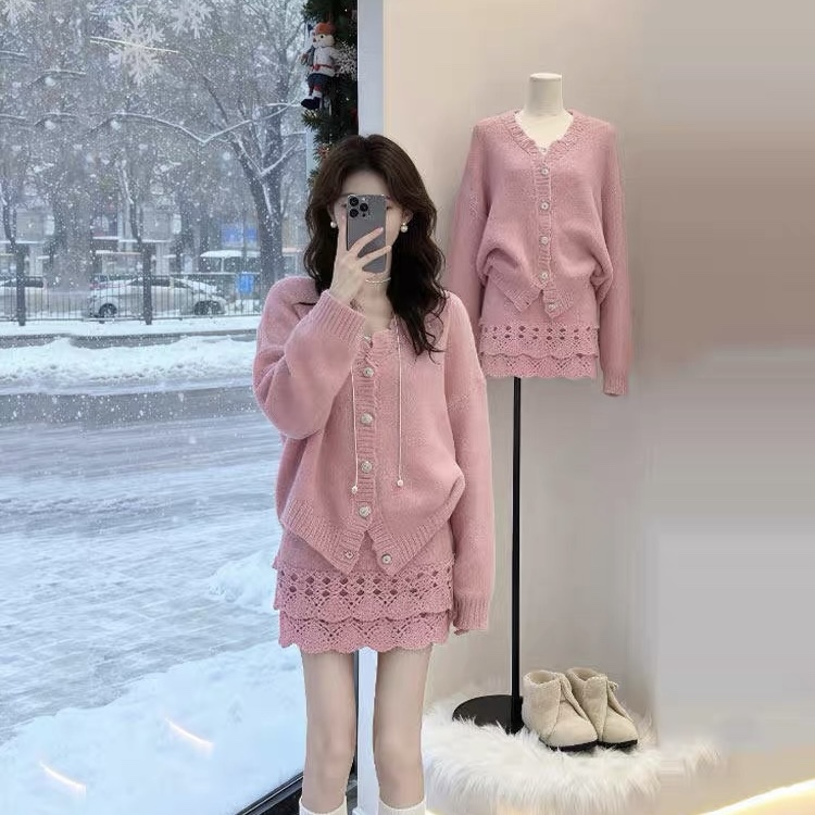 6864. SET SHORT SKIRT KNITTED PINK
