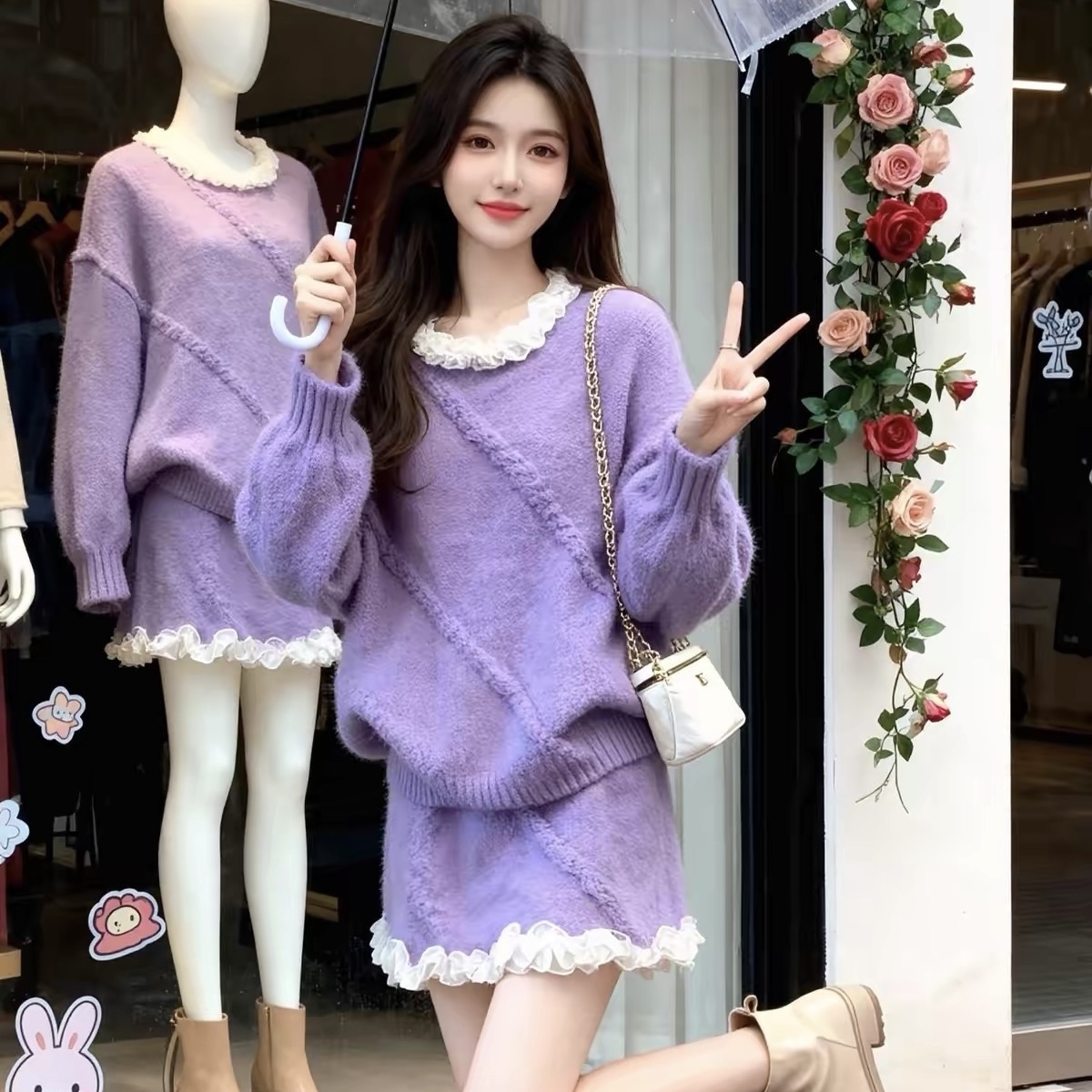 6876. SET SHORT SKIRT KNITTED PURPLE