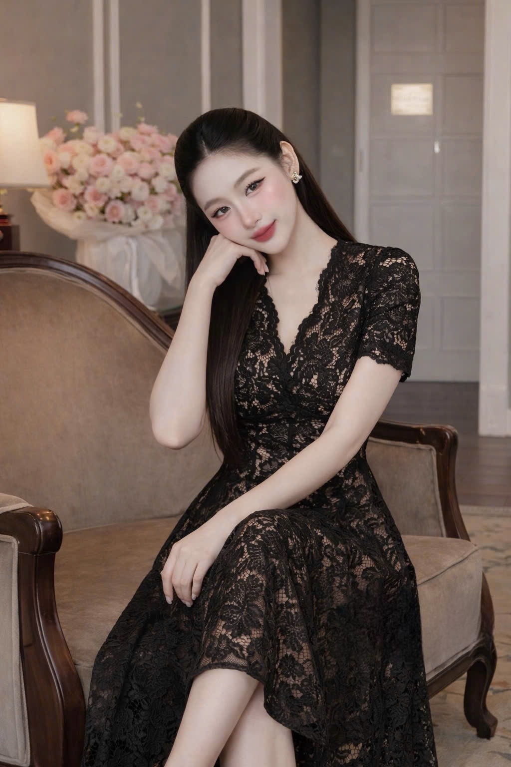 V986. V NECK LACE BLACK DRESS