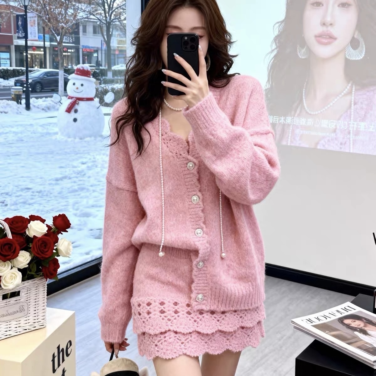6864. SET SHORT SKIRT KNITTED PINK