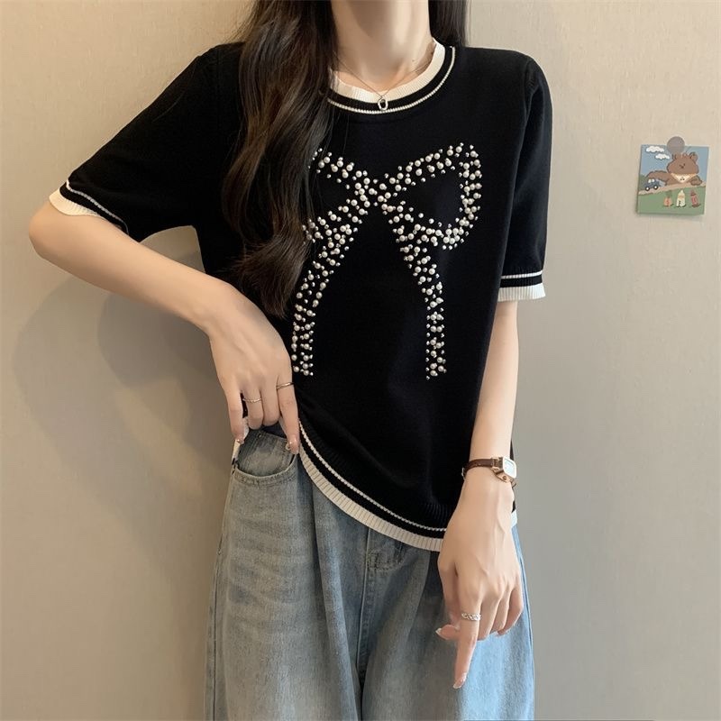 C712. BLACK BOW SHORT SLEEVES TOP