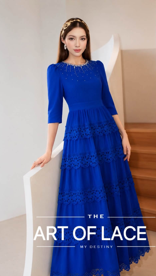 V967. ROUND NECK RHINETONE ROYAL BLUE DRESS