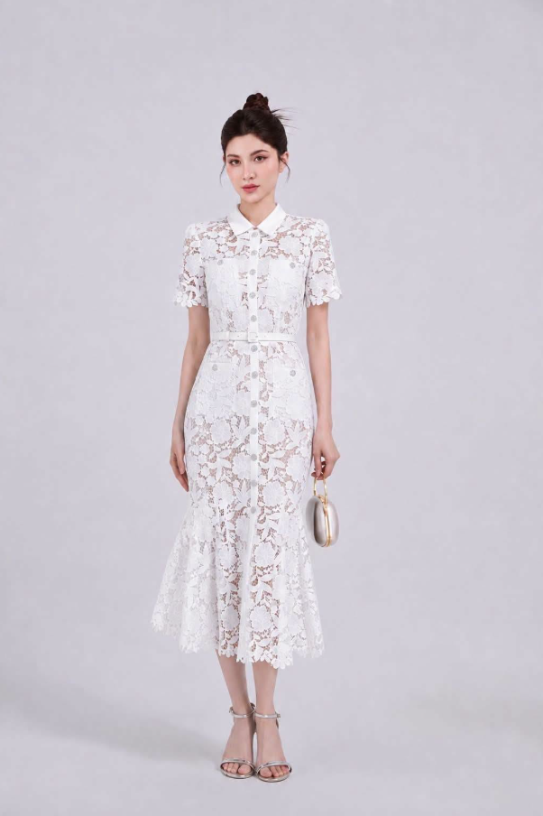 8393. LACE DRESS EXCLUSIVE WHITE VIP (KÈM BELT)
