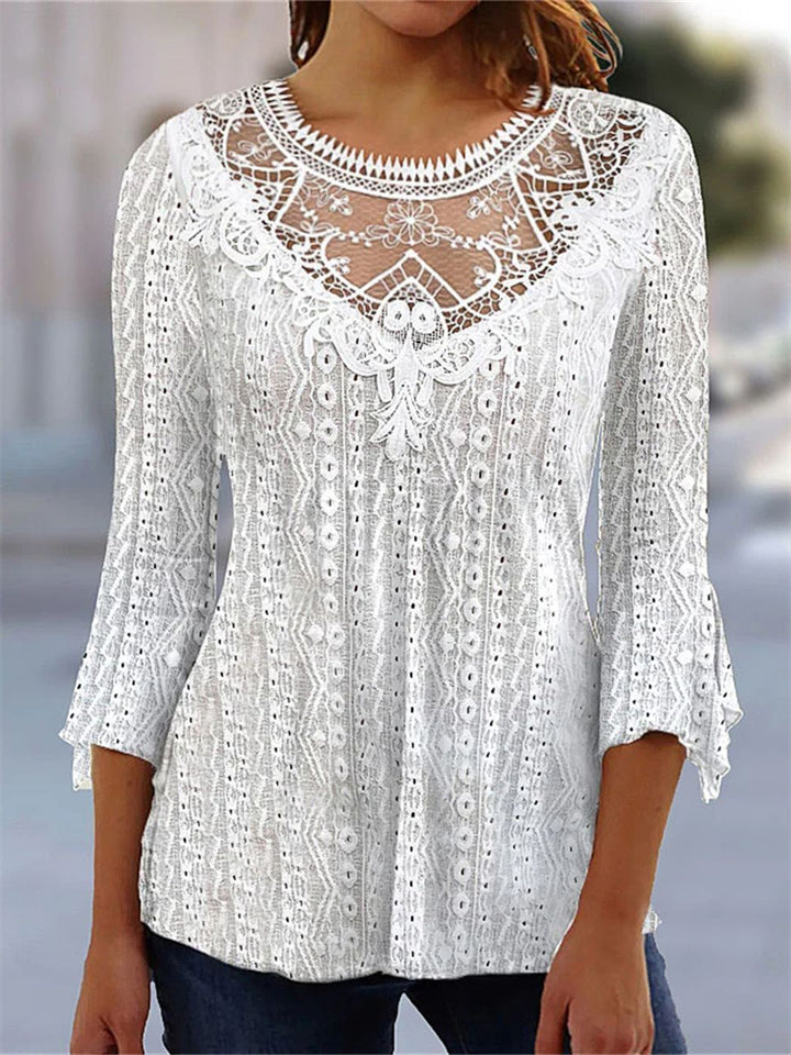 Elegant Lace Splicing 3/4 Sleeve Slim Fit Shirts for Women