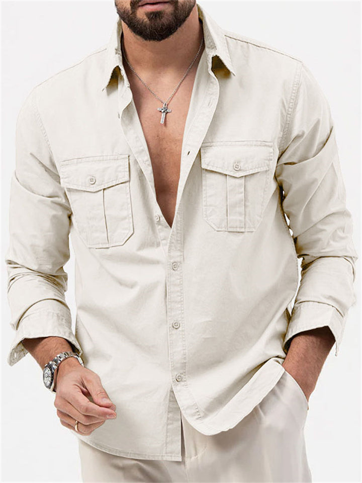 Men's Cool Lapel Collar Long Sleeve Shirts with Chest Pockets for Autumn 