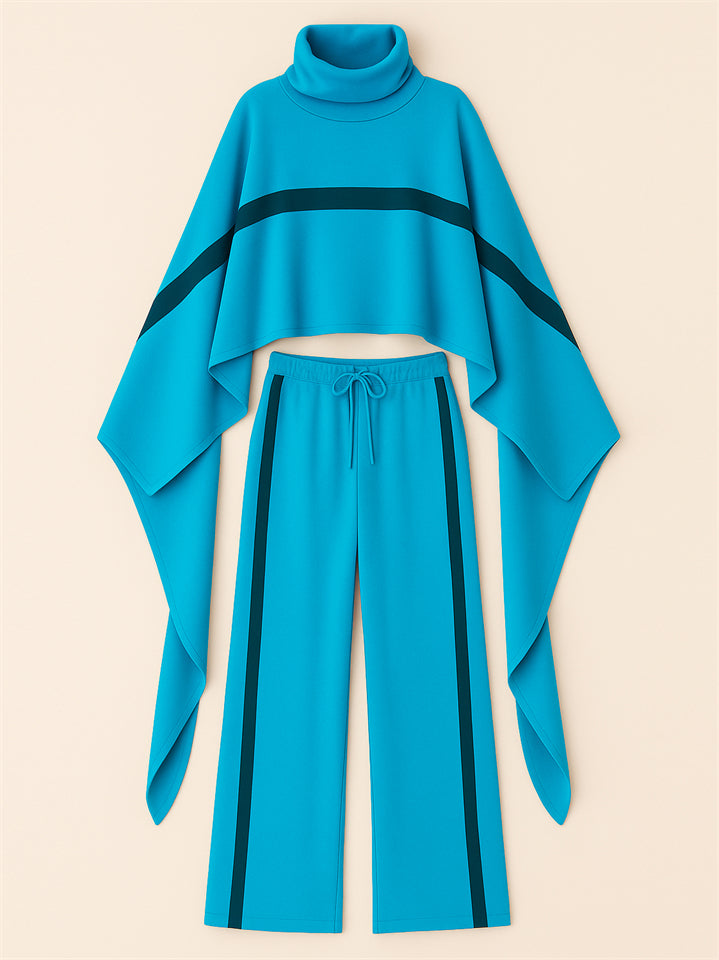 Ladies' Trendy Turtleneck Raglan Sleeves Striped Color Block Cape and Pants Set