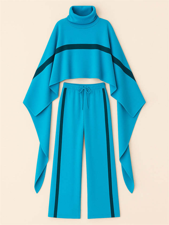 Ladies' Trendy Turtleneck Raglan Sleeves Striped Color Block Cape and Pants Set