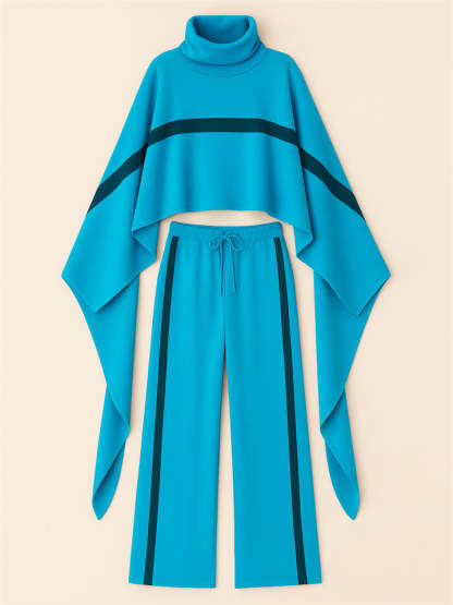 Ladies' Trendy Turtleneck Raglan Sleeves Striped Color Block Cape and Pants Set