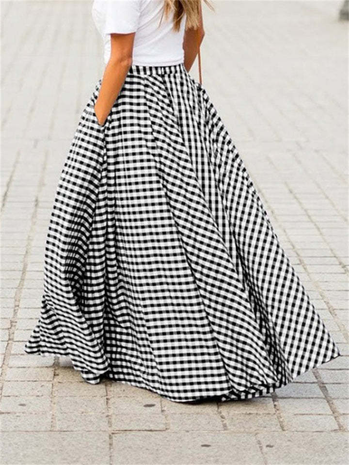 Women's High Waist Vintage Plaid Drape Big Hem Skirts