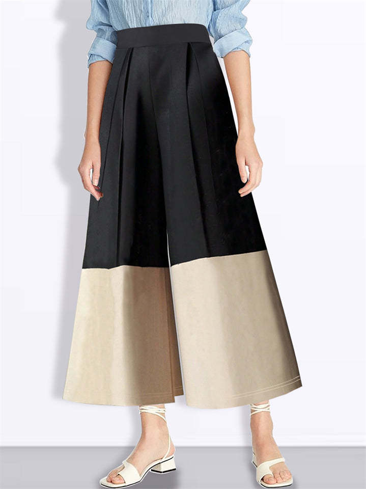 Trendy High Waist Contrast Color Pleated Wide Leg Pants for Women