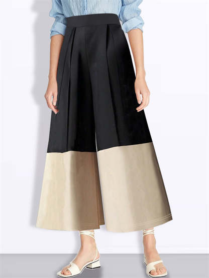 Trendy High Waist Contrast Color Pleated Wide Leg Pants for Women