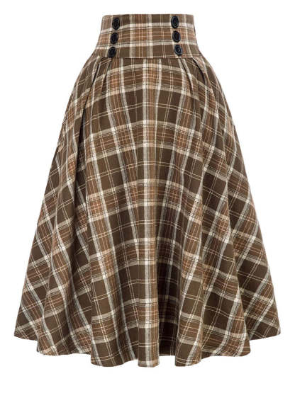 Women's Vintage Autumn High Waist Big Hem Plaid Skirts