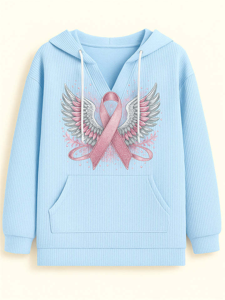 Female's Wings& Ribbon Print Long-sleeved Kangaroo Pocket Hoodies