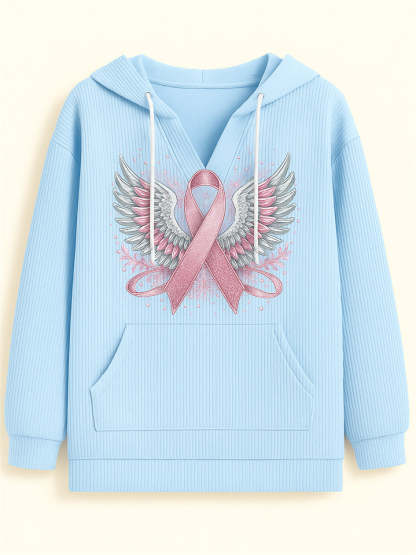 Female's Wings& Ribbon Print Long-sleeved Kangaroo Pocket Hoodies