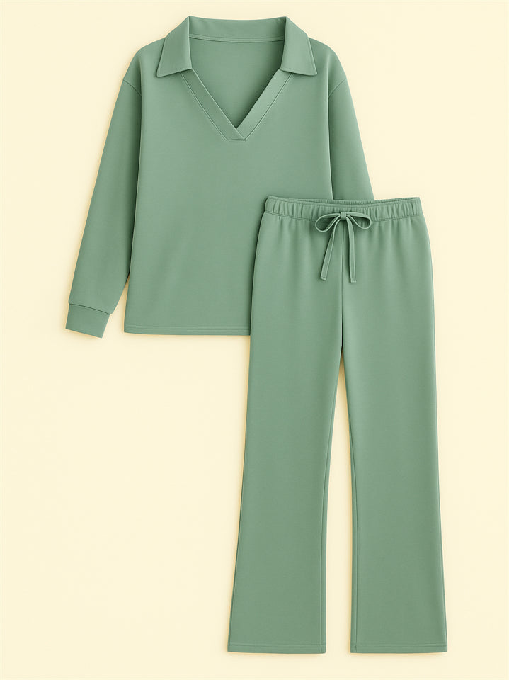 Women's 2Pcs Autumn Casual Solid Color  V Neck Lapel Long Sleeve Outfit