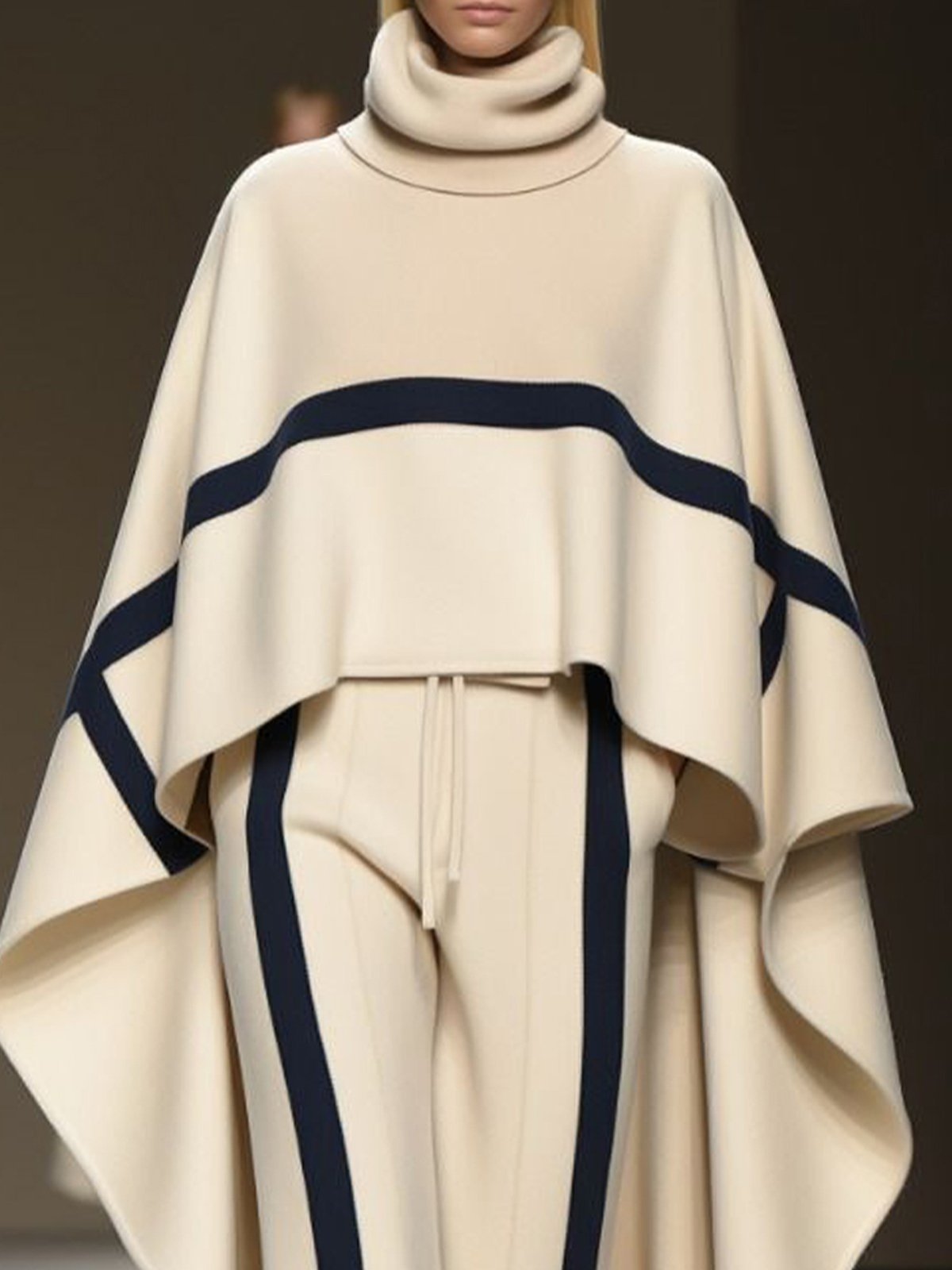 Ladies' Trendy Turtleneck Raglan Sleeves Striped Color Block Cape and Pants Set