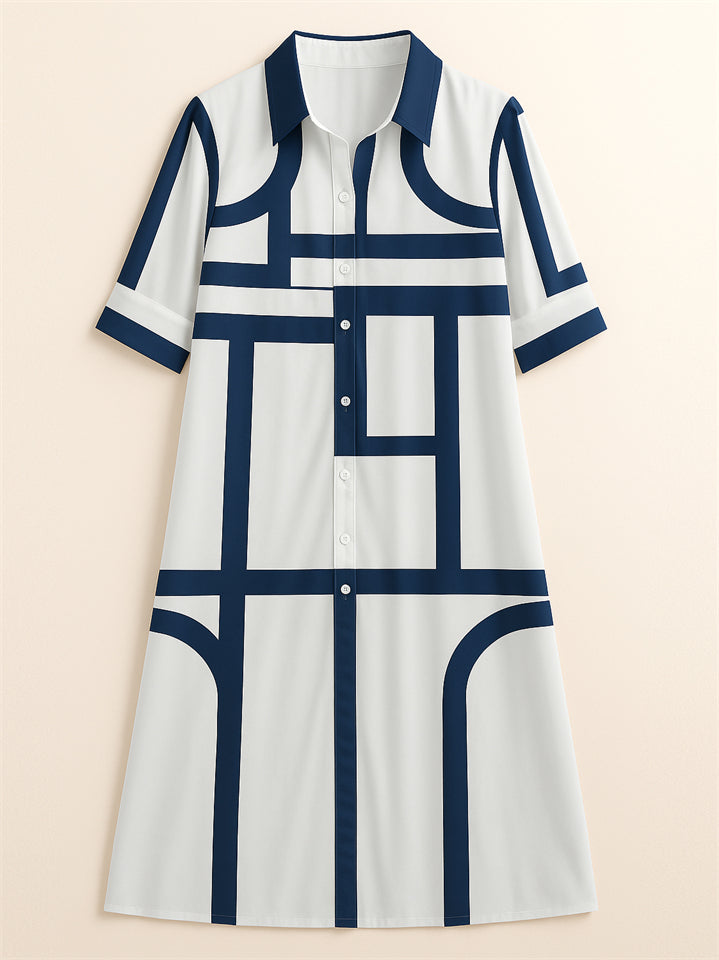 Women's Elegant Geometric Strip Printed  Long Sleeve Knee Length Shirt Dress