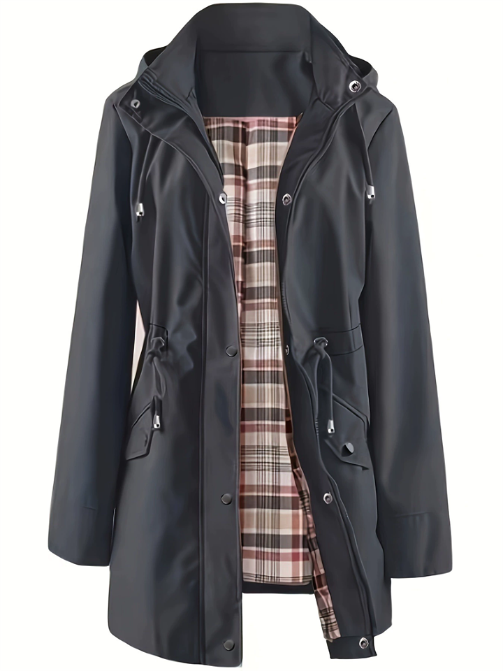 Women's Outdoor Casual Plaid Lining Trench Coat with Detachable Hood