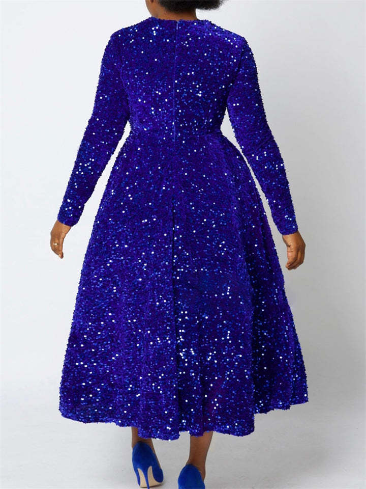 Trendy Sequined Solid Color Long Sleeve Big Hem Maxi Dress