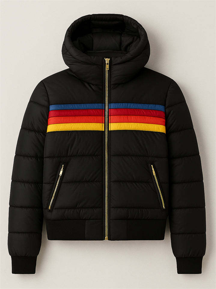 Female's Casual Hooded Contrast Color Striped Waist Length Padded Jacket