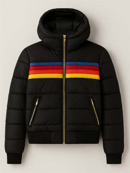Female's Casual Hooded Contrast Color Striped Waist Length Padded Jacket
