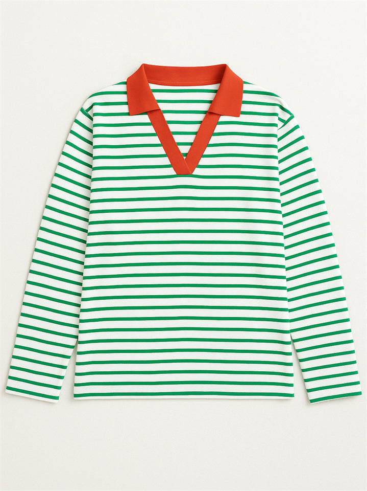 Women's Stripe Contrast Color V Neck Pullover Long Sleeve Shirts