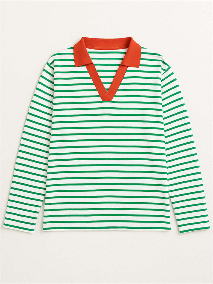 Women's Stripe Contrast Color V Neck Pullover Long Sleeve Shirts