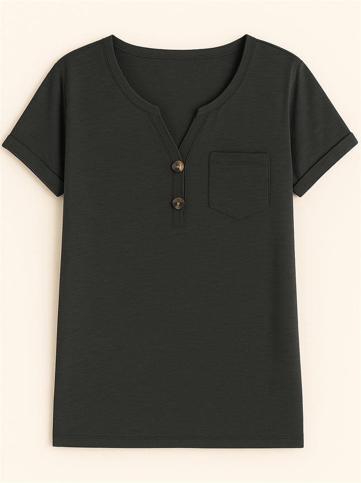 Women's Summer Casual V Neck Buttons Pullover Short Sleeve Shirts