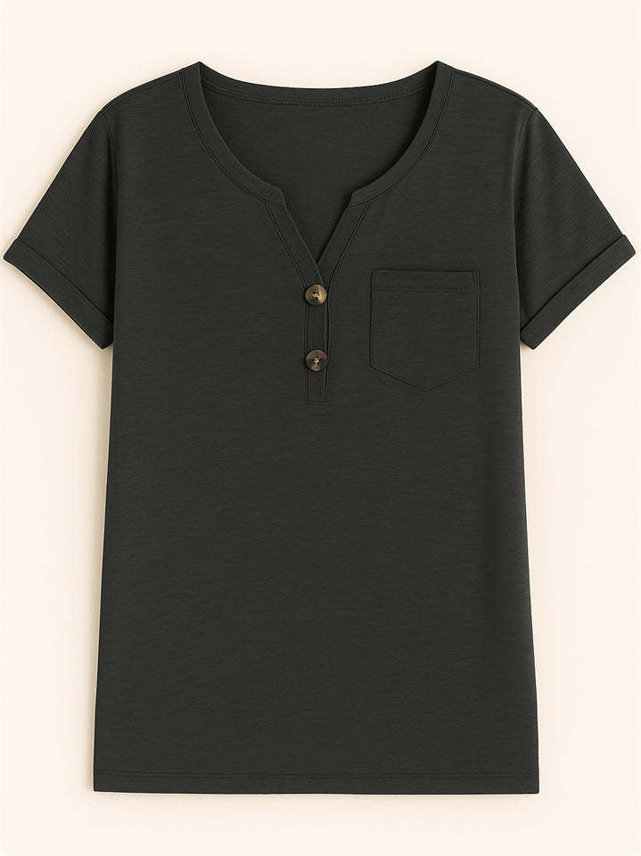 Women's Summer Casual V Neck Buttons Pullover Short Sleeve Shirts
