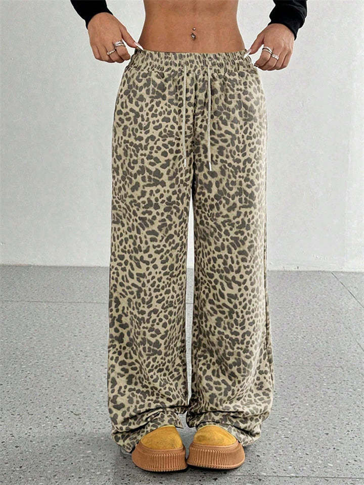 Women's Classic Street Style Leopard Printed Drawstring Wide-leg Pants