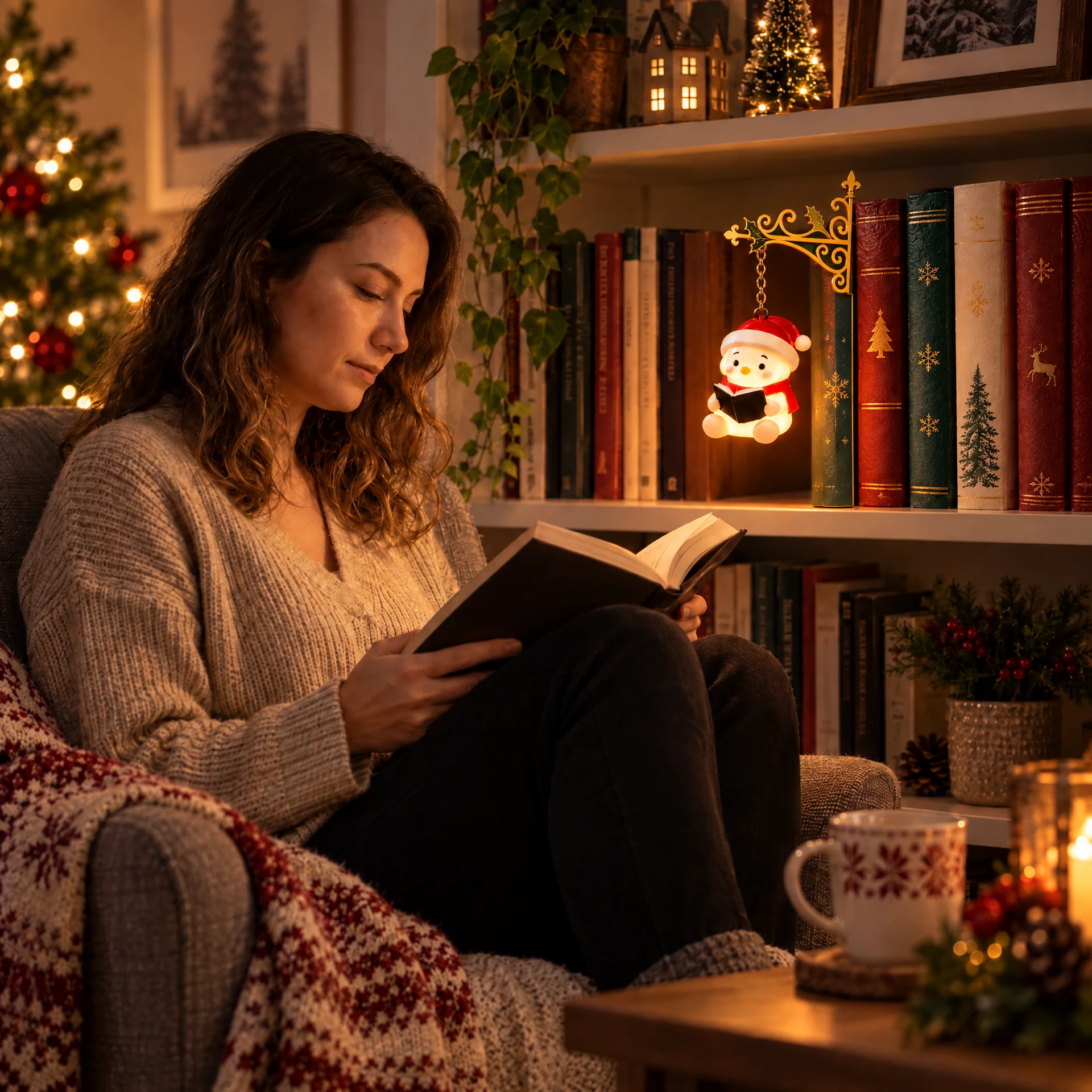 Christmas Bookshelf Santa Light displayed among books in a cozy reading nook