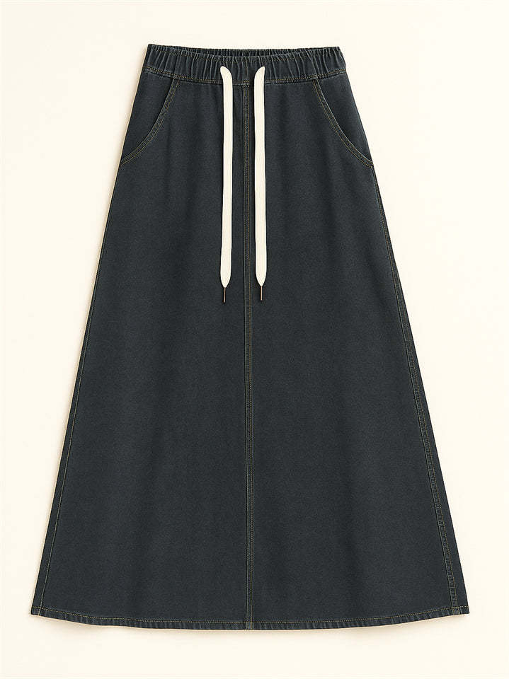 Women's Casual Drawstring Elastic Waist  A-Line Denim Skirt