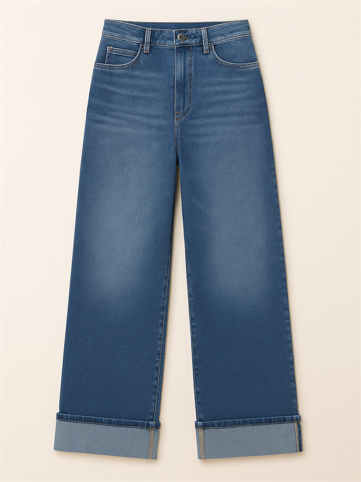 Trendy High Waist Blue Wide Leg Whisker Denim Pants for Women