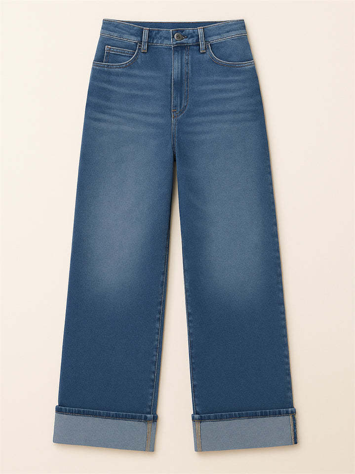 Trendy High Waist Blue Wide Leg Whisker Denim Pants for Women