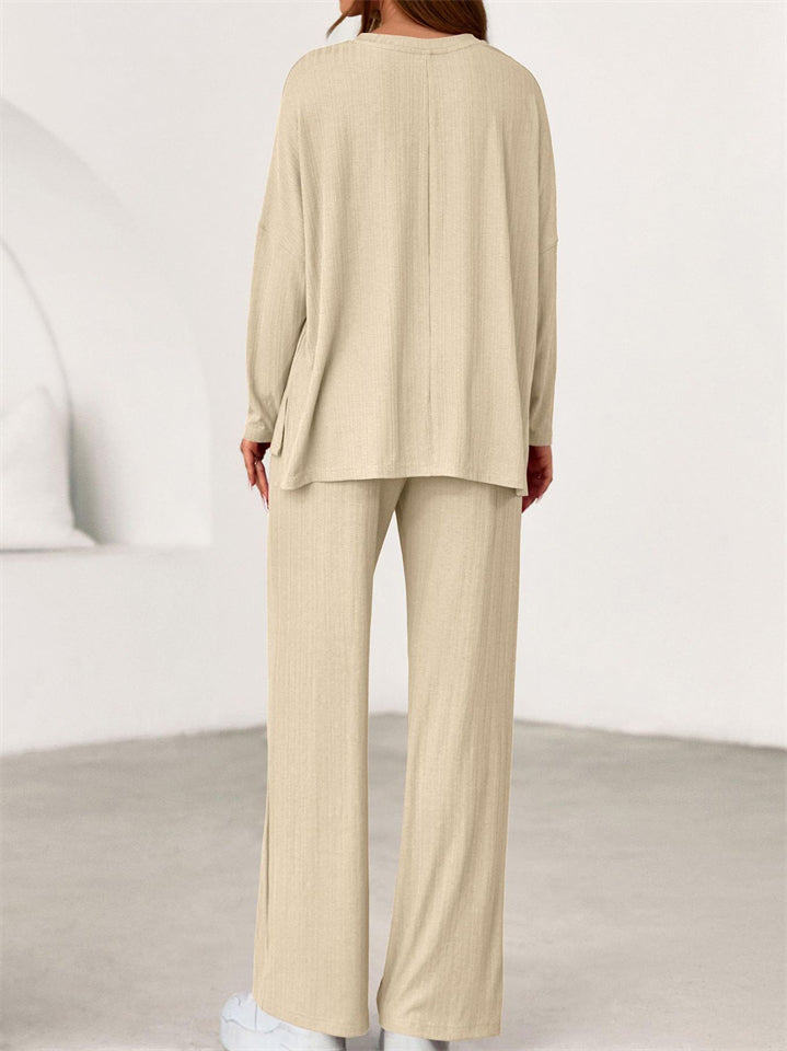 Loose Solid Color Autumn V Neck Drop Shoulder Long Sleeve Outfit for Women