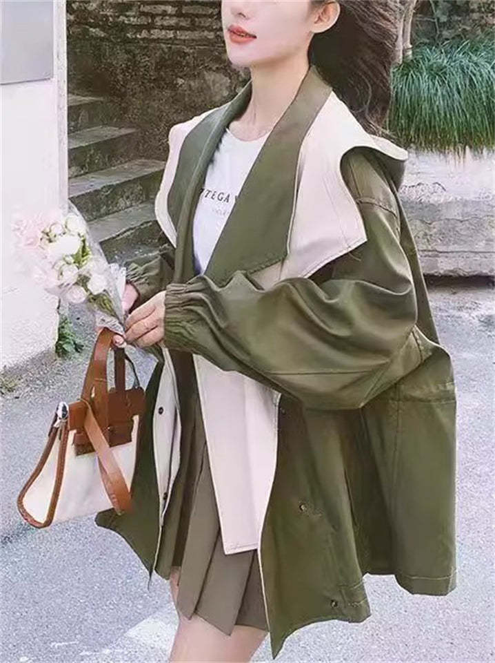 Female's Korean Style Casual Contrast Color Cargo Trench Coats