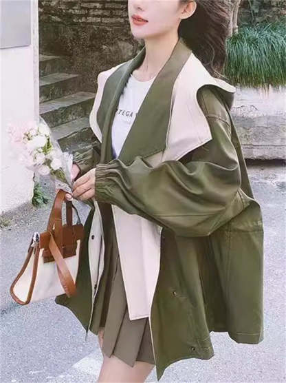 Female's Korean Style Casual Contrast Color Cargo Trench Coats