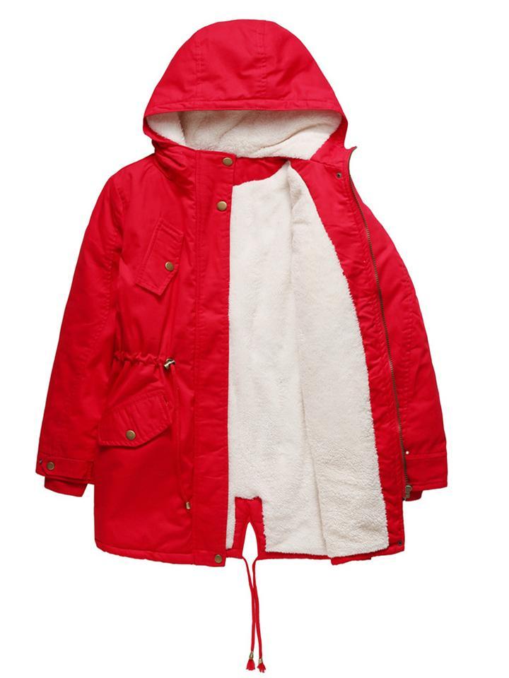 Autumn Fleeced Solid Color Zip Up Hooded Parka Coat