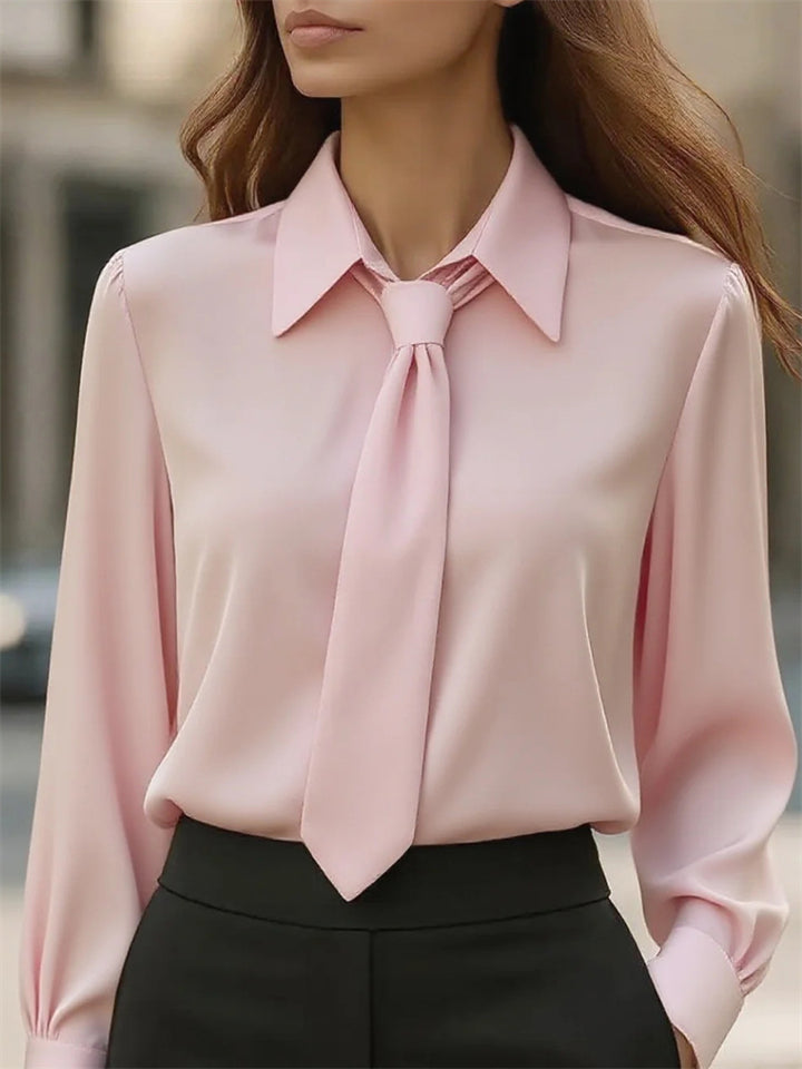 Ladies' Elegant Simple Solid Color Lapel Tie Long Sleeve Blouses